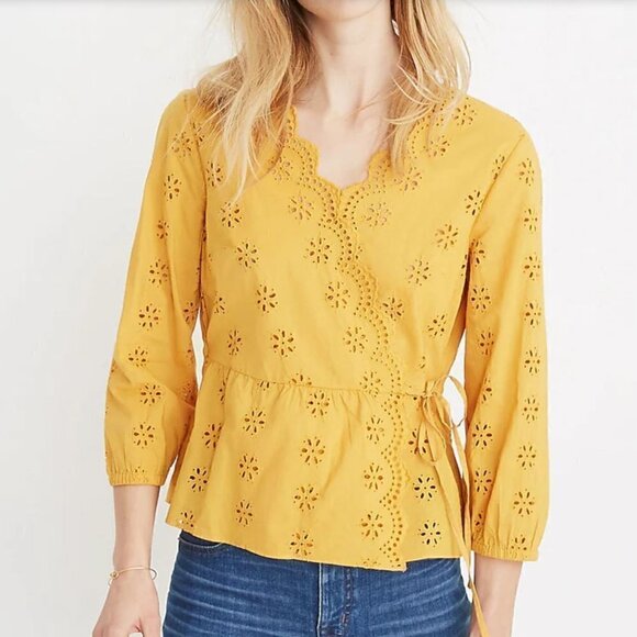 MADEWELL Scalloped Eyelet Wrap Top Blouse M Golden Yello - Picture 2 of 9